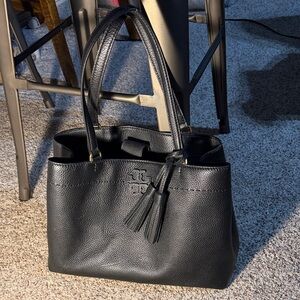 Tory Burch McGraw Black Pebble Leather Bag with Tassel